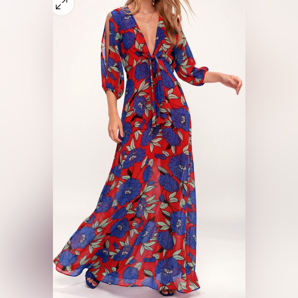 Lulu's Red and Blue Wrap Maxi Dress with Plunge Neckline